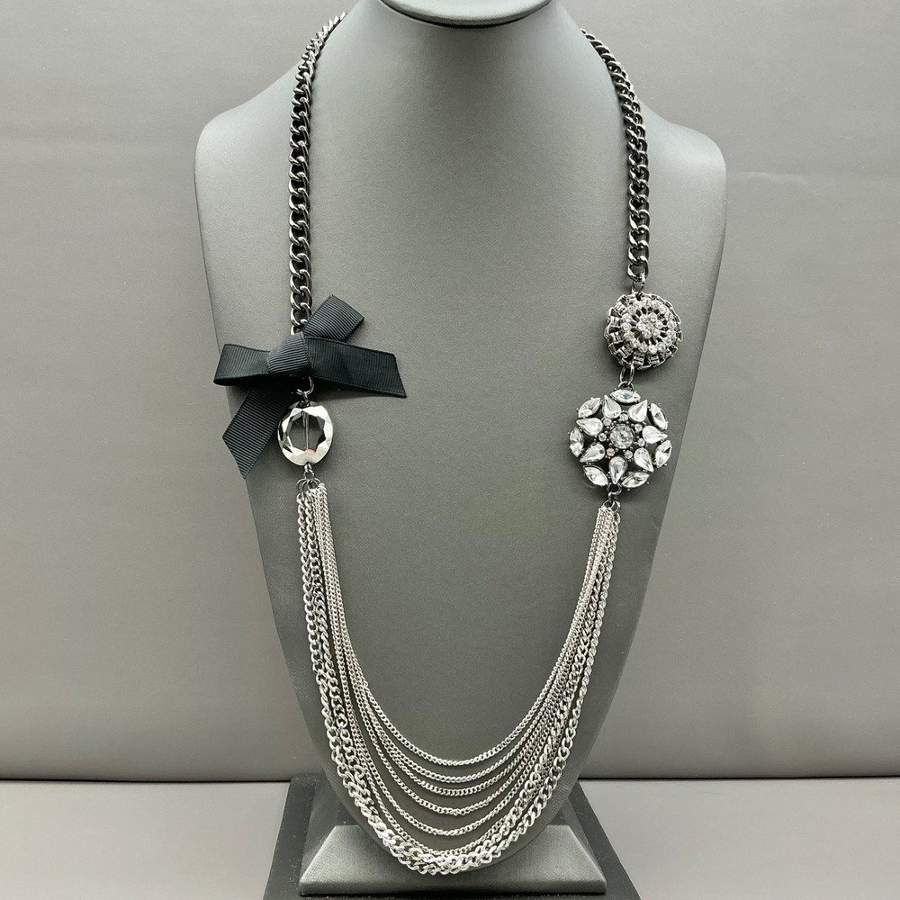 Simply Vera Vera Wang Necklace Womens Silver Tone Bow Crystal Multi Chain 26"